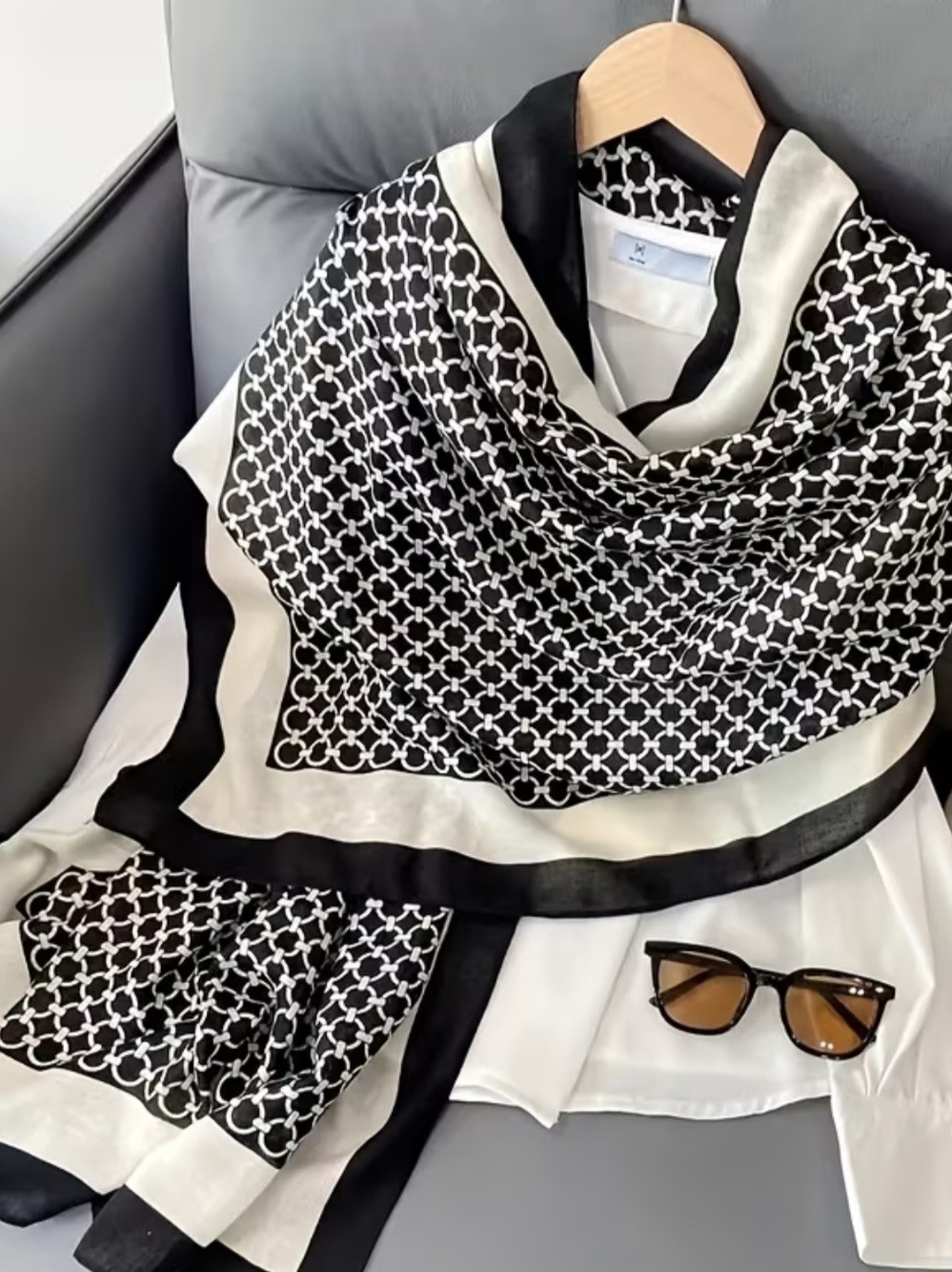 Elegant Black & White Geometric Silk Scarf - Women Accessories